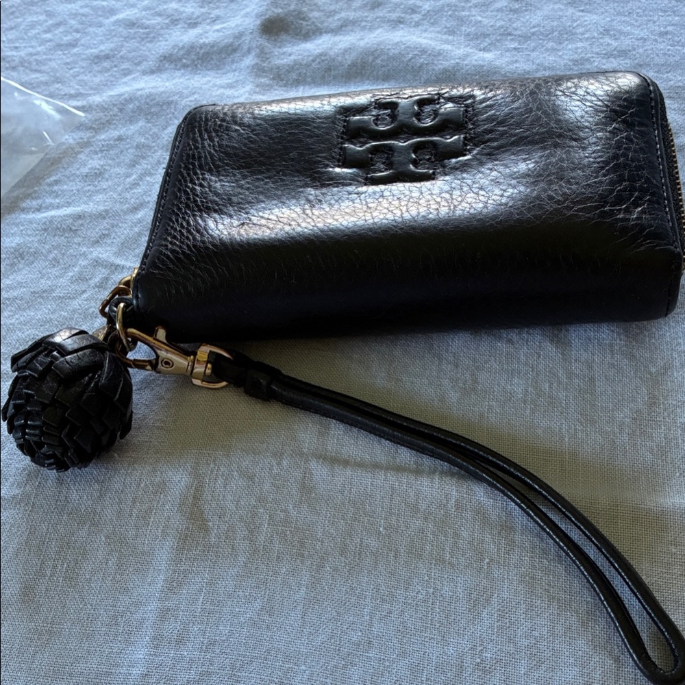 Tory Burch Black Leather Clutch with Woven Charm